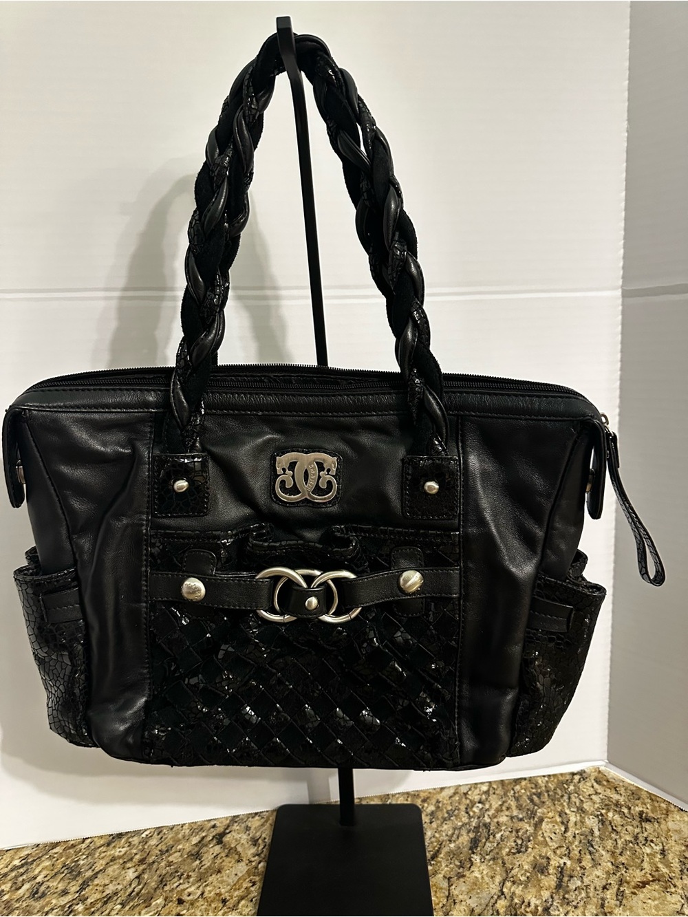 Sharif Black Braided-Handle Shoulder Bag with Woven Front Panel